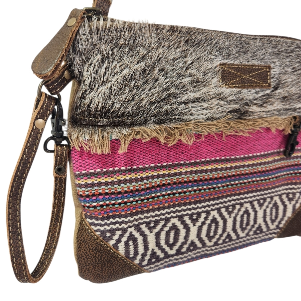 Myra Bag Crossbody Upcycled Canvas Genuine Cowhide Hair Patchwork Boho Leather - Picture 4 of 15